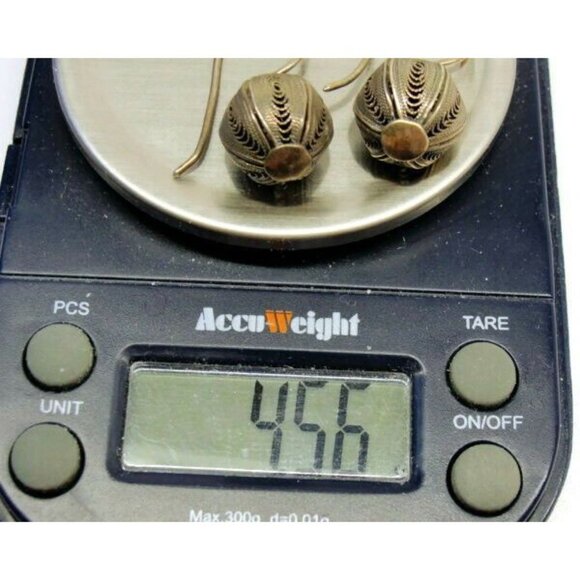 Earrings Hook Dangle Sterling Silver Filigree Ball 925 Vintage Patina - Picture 3 of 8